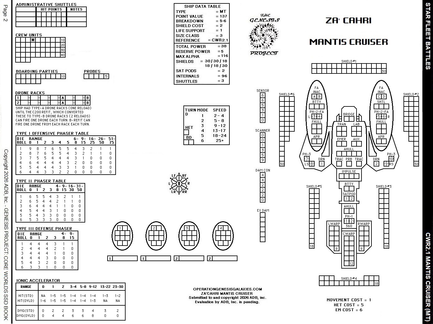 Star Fleet Battles – Za’cahri Mantis Cruiser SSD Core Worlds