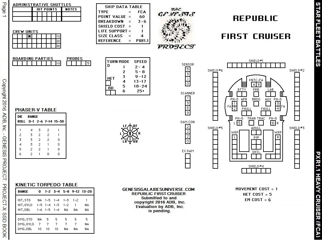 Star Fleet Battles – Republic First Cruiser SSD Project-X