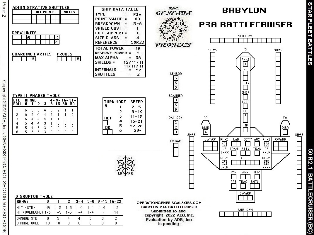 Star Fleet Battles – Babylon P3A Battlecruiser SSD Sector 50
